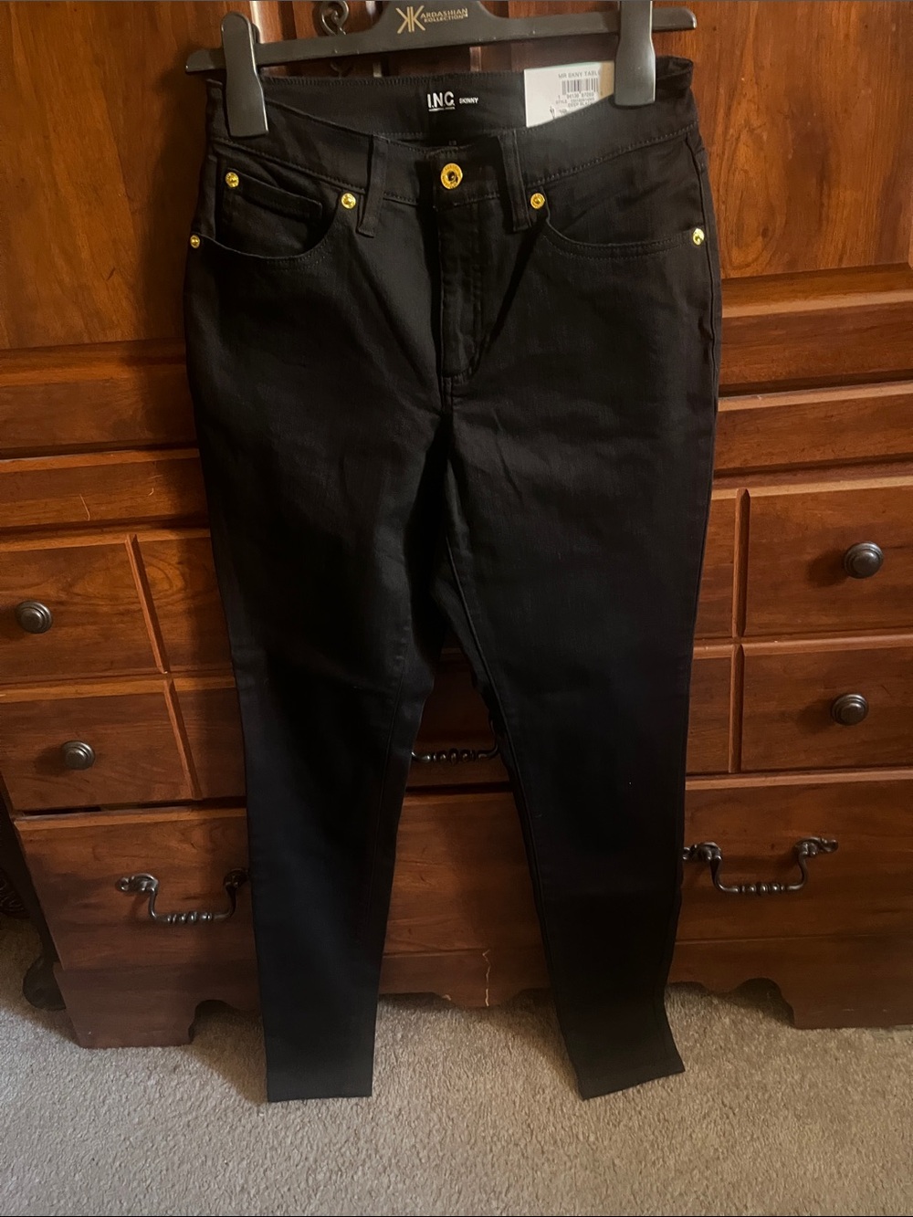 INC International Concepts Black High-Rise Skinny Jeans with Gold Hardware